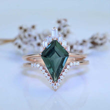 Load image into Gallery viewer, 14K Gold 5 Carat Kite Teal Sapphire Halo Engagement Ring, Eternity Ring Set