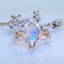 Load image into Gallery viewer, 14K Gold 4 Carat Kite Moonstone Halo Engagement Ring, Eternity Ring Set
