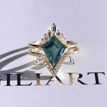 Load image into Gallery viewer, 3 Carat Kite Teal Sapphire Halo 14K Gold Engagement Ring, Eternity Ring Set