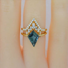 Load image into Gallery viewer, 3 Carat Kite Teal Sapphire Halo 14K Gold Engagement Ring, Eternity Ring Set