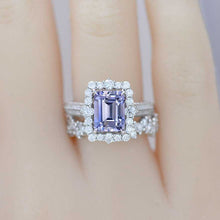 Load image into Gallery viewer, 3 Carat Purple Sapphire Engagement Ring Halo Emerald Cut Purple Sapphire Nontraditional Engagement Ring, 9x7mm Step Cut Purple Sapphire Fairy Engagement Ring with Eternity Band
