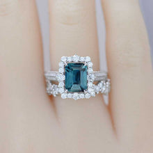 Load image into Gallery viewer, 2Ct Teal Sapphire Engagement Ring Halo Emerald Cut Teal Sapphire Engagement Ring, 8x6mm Step Cut Teal Sapphire Engagement Ring with Eternity Band