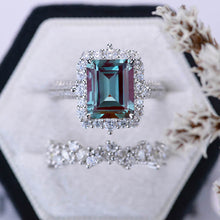 Load image into Gallery viewer, 4Ct Alexandrite Engagement Ring Halo Emerald Cut Alexandrite Engagement Ring, 10x8mm Step Cut Alexandrite Engagement Ring with Eternity Band