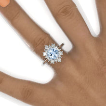 Load image into Gallery viewer, Snowflake Genuine Aquamarine Ring. 2.0ct Round Cut Aquamarine Halo Ring. Solid 14K White Gold Ring. Art Deco Engagement Ring. Wedding Ring
