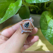 Load image into Gallery viewer, Luxury Teal Sapphire Ring Set, 2ct Pear Cut Teal Sapphire Ring Set, Rose Gold Ring Unique Curved Marquise Cut Ring