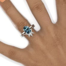 Load image into Gallery viewer, 14K White Gold Oval Teal Sapphire Halo Engagement Ring, Eternity Ring Set