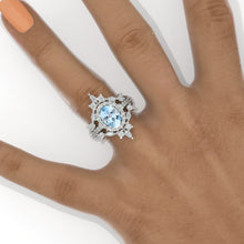 Load image into Gallery viewer, 14K Solid Gold Ring 1.5CT Oval Genuine Aquamarine Wedding Ring Genuine Aquamarine Halo Engagement Ring Anniversary Promise Two Eternity Gold Ring