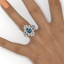 Load image into Gallery viewer, 14K Solid Gold Ring 1.5CT Oval Teal Sapphire Halo Engagement Ring Anniversary Promise Two Eternity Gold Ring
