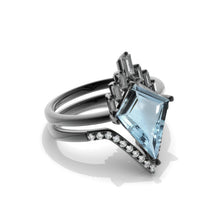 Load image into Gallery viewer, 14K Black Gold 4 Carat Kite Genuine Aquamarine Halo Engagement Ring, Eternity Ring Set