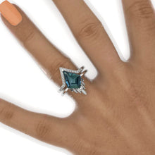 Load image into Gallery viewer, 4 Carat Kite Teal Sapphire Halo 14K White Gold Engagement Ring, Eternity Ring Set