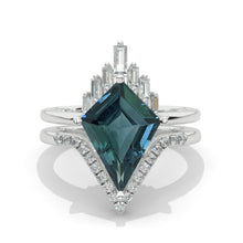 Load image into Gallery viewer, 14K Gold 5 Carat Kite Teal Sapphire Halo Engagement Ring, Eternity Ring Set