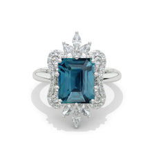 Load image into Gallery viewer, 3 Carat Teal Sapphire Emerald Cut Halo White Gold Engagement Ring