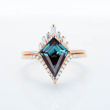 Load image into Gallery viewer, 14K Rose Gold 4 Carat Kite Alexandrite Halo Engagement Ring, Eternity Ring Set