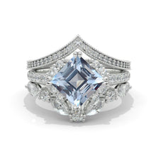 Load image into Gallery viewer, 2 Carat Princess Genuine Aquamarine Halo 14K White Gold Engagement Ring Eternity Ring Set