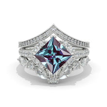 Load image into Gallery viewer, 14K White Gold 1.9 Carat Princess Alexandrite Halo Engagement Ring Eternity Ring Set