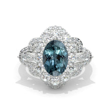 Load image into Gallery viewer, 3 Carat Teal Sapphire Oval Cut Halo White Gold Engagement Ring