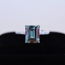 Load image into Gallery viewer, 5ct Emerald Shaped Step Cut Alexandrite Ring, 5 Carat Alexandrite Engagement Ring, Alexandrite Pave Accent Stones Hidden Halo Ring