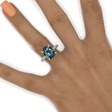 Load image into Gallery viewer, 6Ct Oval Teal Sapphire Engagement Ring, Oval Cut Shape Dainty Engagement Ring, Teal Sapphire Hidden Halo Pave accents ring