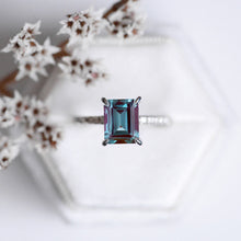 Load image into Gallery viewer, 4Ct Alexandrite Engagement Ring, Solitaire Radiant Cut Alexandrite Engagement Ring, Alexandrite Pave Accents Stones Hidden Halo