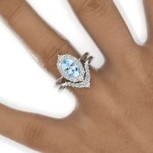 Load image into Gallery viewer, 3 Carat Oval Genuine Aquamarine Halo Engagement Ring, Promise Ring For Her, Aquamarine Wedding Ring, 14K Gold Oval Aquamarine Engagement Ring Set