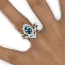 Load image into Gallery viewer, 3 Carat Oval Teal Sapphire Halo Engagement Ring, Promise Ring For Her, Teal Sapphire Wedding Ring, 14K Gold Oval Teal Sapphire Engagement Ring Set