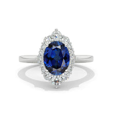Load image into Gallery viewer, 3 Carat Oval Royal Blue Sapphire Halo Engagement Ring, Promise Ring For Her, Sapphire Wedding Ring, 14K Gold Oval Sapphire Engagement Ring Set