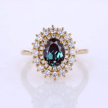 Load image into Gallery viewer, 1 Ct Alexandrite Double Halo Engagement Ring, Vintage Oval Shape Cut Alexandrite Engagement Ring, Side Accents Stones 14K Gold
