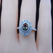 Load image into Gallery viewer, 1 Ct Alecandrite Double Halo Engagement Ring, Vintage Oval Shape Cut Alexandrite Engagement Ring, Side Accents Stones 14K White Gold