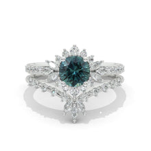 Load image into Gallery viewer, Teal Sapphire Halo Engagement Ring Eternity Ring Set