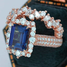 Load image into Gallery viewer, 3 Carat Alexandrite Engagement Ring Halo Emerald Cut Alexandrite Nontraditional Engagement Ring, 9x7mm Step Cut Alexandrite Fairy Engagement Ring with Eternity Band