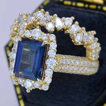 Load image into Gallery viewer, 3 Carat Alexandrite Engagement Ring Halo Emerald Cut Alexandrite Engagement Ring, 9x7mm Step Cut Alexandrite Engagement Ring with Eternity Band