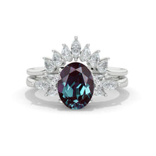 Load image into Gallery viewer, 14K White Gold 2.5 Carat Oval Alexandrite Halo Engagement Ring, Eternity Ring Set
