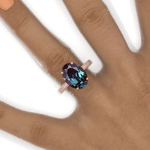 Load image into Gallery viewer, 8 Carat Oval Cut 14x10mm Alexandrite Hidden Halo Rose Gold Engagement Ring