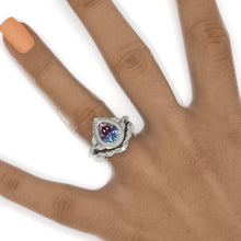Load image into Gallery viewer, 2 CT Pear shape Alexandrite engagement ring set, White gold, halo vintage alexandrite band, V band Vintage anniversary ring set