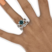 Load image into Gallery viewer, 2 Carat Teal Sapphire Twig Floral White Gold Engagement Ring Set
