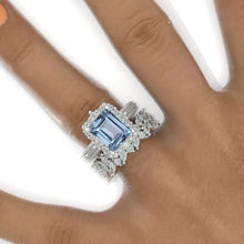 Load image into Gallery viewer, 4Ct Genuine Aquamarine Engagement Ring Halo Radiant Cut Aquamarine Engagement Ring,10x8mm Radiant Cut Aquamarine Engagement Ring with Eternity Band