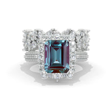 Load image into Gallery viewer, 4Ct Alexandrite Engagement Ring Halo Radiant Cut Alexandrite Engagement Ring, 10x8mm Radiant Cut Alexandrite Engagement Ring with Eternity Band