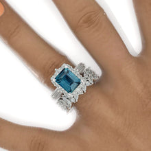 Load image into Gallery viewer, 4Ct Teal Sapphire Engagement Ring Halo Radiant Cut Teal Sapphire Engagement Ring, 10x8mm Radiant Cut Teal Sapphire Engagement Ring with Eternity Band