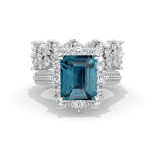 Load image into Gallery viewer, 4Ct Teal Sapphire Engagement Ring Halo Radiant Cut Teal Sapphire Engagement Ring, 10x8mm Radiant Cut Teal Sapphire Engagement Ring with Eternity Band