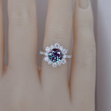 Load image into Gallery viewer, 2 Carat Round Alexandrite Snowflake Halo Engagement Ring. Victorian 14K White Gold Ring