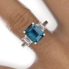 Load image into Gallery viewer, 3Ct Emerald Shaped Teal Sapphire Gold Engagement Ring, Three Stone Teal Sapphire Engagement Ring