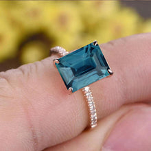 Load image into Gallery viewer, 8 Ct Radiant Cut Teal Sapphire Engagement Ring, Solitaire Radiant Ice Crushed Cut Teal Sapphire Engagement Ring, Pave Accents Stones Hidden Halo