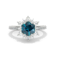 Load image into Gallery viewer, 3 Carat Hexagon Teal Sapphire Snowflake Halo Engagement Ring. Victorian 14K White Gold Ring
