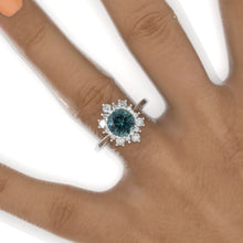 Load image into Gallery viewer, Snowflake Teal Sapphire Ring. 2.0ct Round Cut Teal Sapphire Halo Ring. Solid 14K White Gold Ring. Art Deco Engagement Ring. Wedding Ring