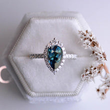 Load image into Gallery viewer, 14K Solid White Gold 3 Carat Teal Sapphire Pear Cut Halo Teal Sapphire Ring