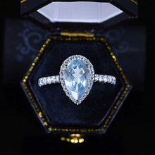 Load image into Gallery viewer, 14K Solid White Gold 3 Carat Halo Pear Cut Genuine Natural Aquamarine Ring