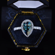 Load image into Gallery viewer, 14K Solid White Gold 3 Carat Halo Pear Cut Teal Sapphire Ring
