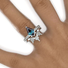Load image into Gallery viewer, 3 Carat Kite Alexandrite Engagement Ring. 3CT Fancy Shape Moissanite Ring Set