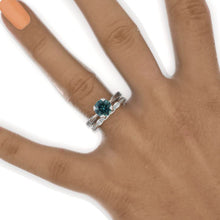 Load image into Gallery viewer, 14K White Gold 2 Carat Round Teal Sapphire Floral Engagement Ring, Eternity Ring Set