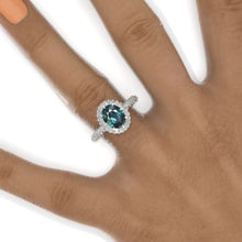 Load image into Gallery viewer, 3 Carat Oval Cut Teal Sapphire Double Halo White Gold Engagement Ring